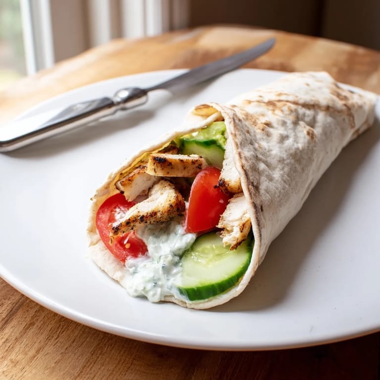 Freshly grilled chicken strips and vibrant vegetables spill from a warm Greek Chicken Wrap, served on a rustic plate with lemon wedges.