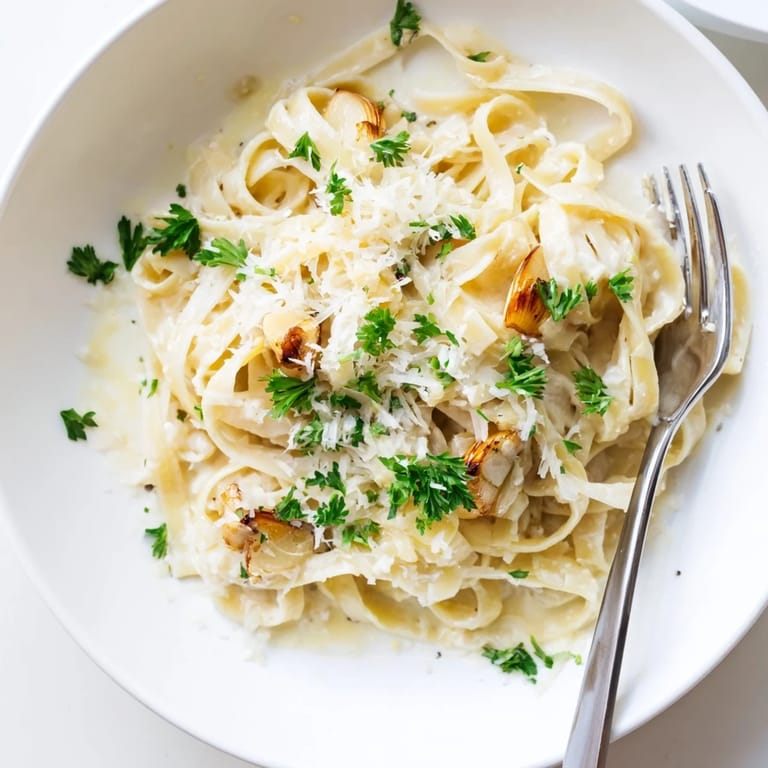 Comforting Italian pasta dish featuring roasted garlic cream sauce, perfect for a cozy vegetarian dinner.