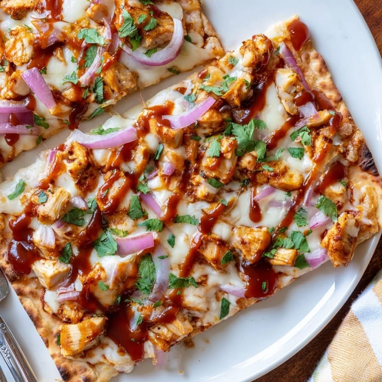 Freshly baked BBQ Chicken Flatbread topped with tender chicken, sweet onions, and extra drizzle for dinner.