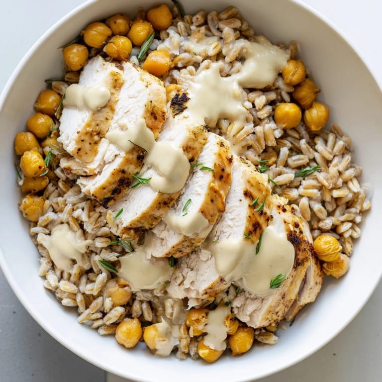 Farro and greens form the base of this Lemon Tahini Chicken Power Bowl, finished with bright tomatoes and a tangy tahini sauce.