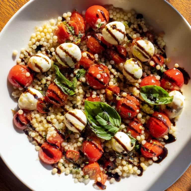 This Mediterranean-inspired Caprese Couscous Salad features tender pearled couscous mixed with cherry tomatoes, mozzarella balls, basil, and a tangy glaze.