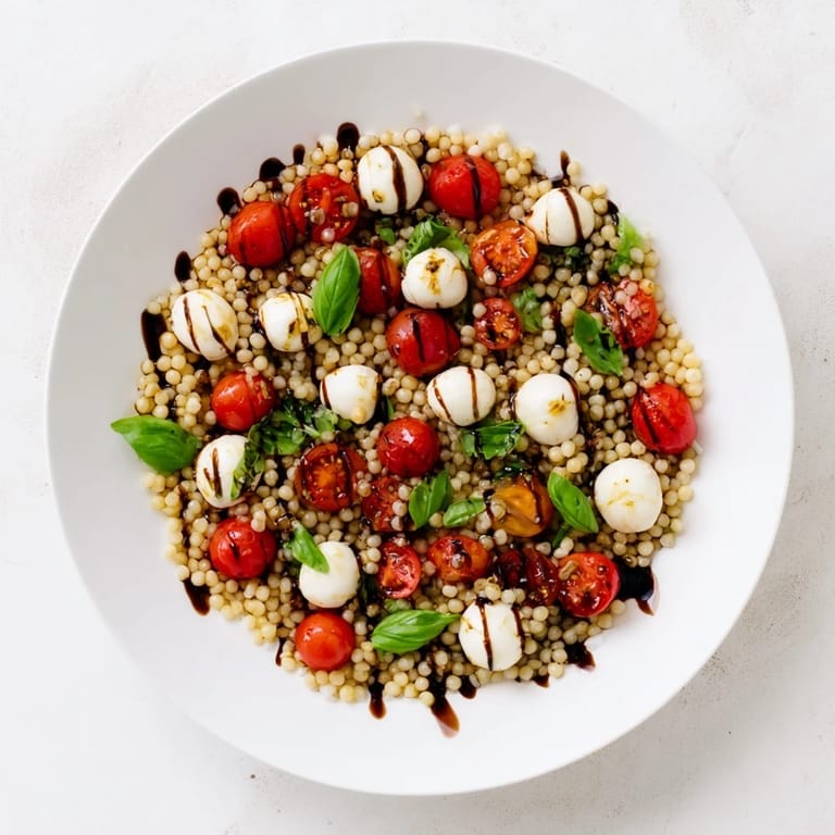 A refreshing Caprese Couscous Salad, served chilled with a balsamic drizzle, perfect for a quick vegetarian weeknight dinner or potluck side.
