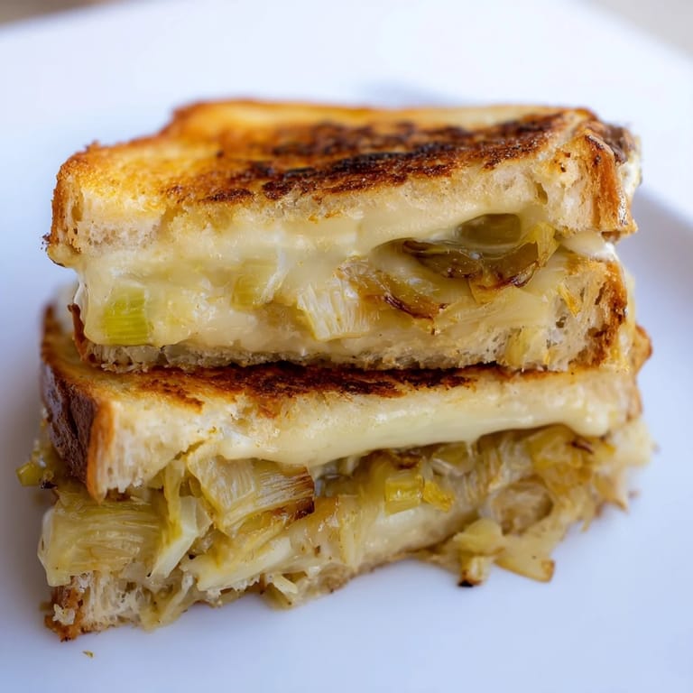 A close-up of a warm Havarti & Caramelized Leek Grilled Cheese sandwich, showcasing melted cheese oozing from buttery, golden-brown artisan bread.  