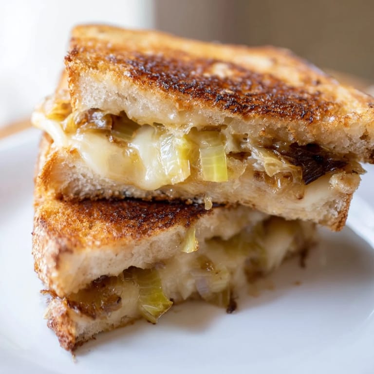 Two halves of a perfectly grilled Havarti & Caramelized Leek Grilled Cheese rest beside fresh greens, highlighting the vibrant, savory filling.