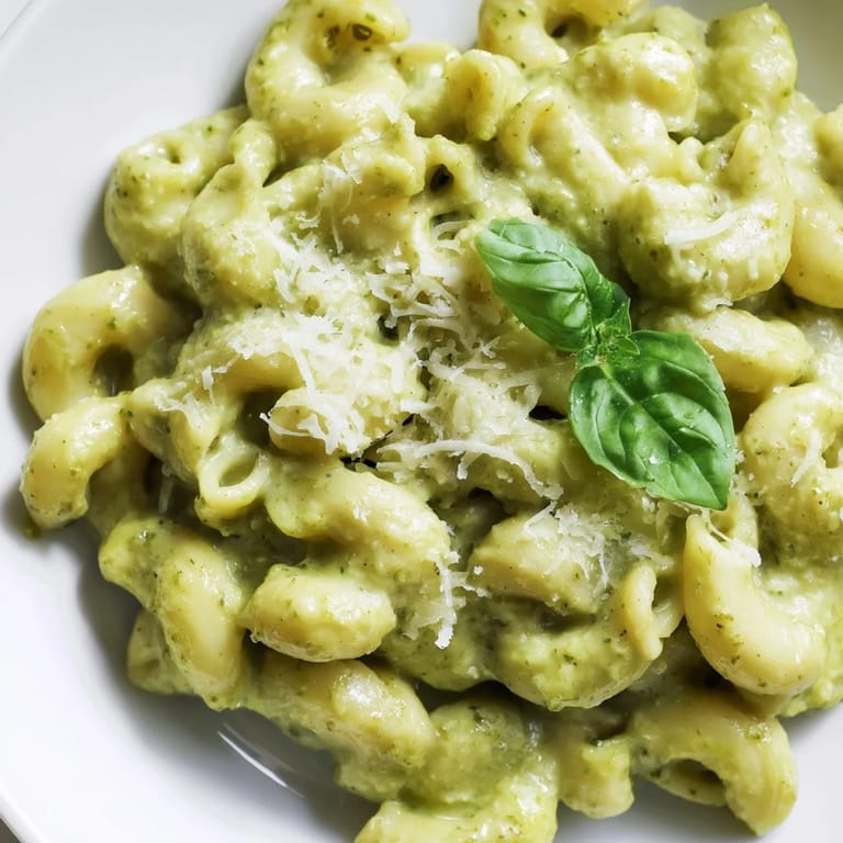 A fork twirls through creamy avocado pesto mac, revealing smooth sauce and al dente pasta, ideal for a healthy comfort food fix.