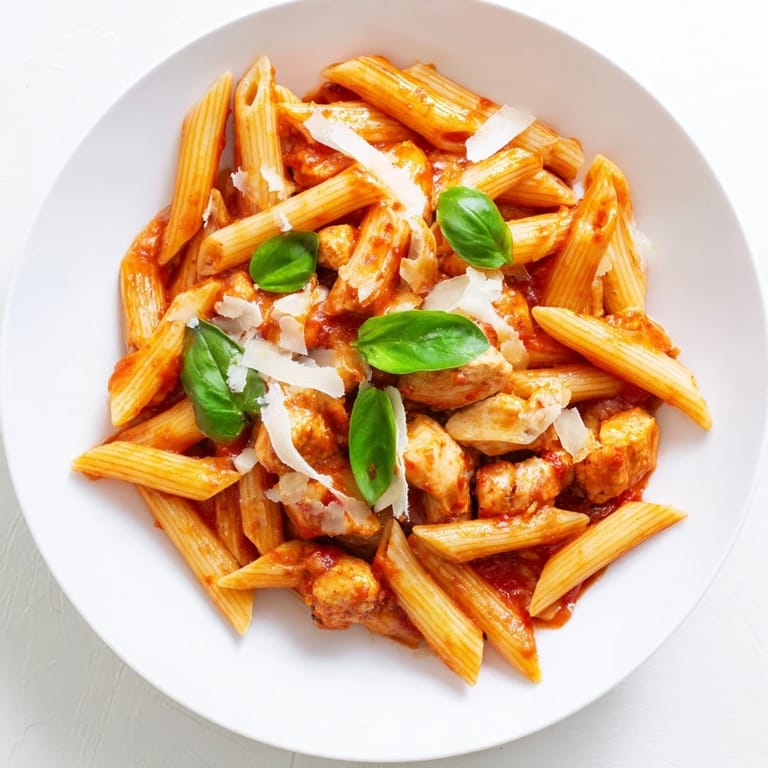 Steaming Tomato Basil Chicken Pasta plated with fresh basil leaves and Parmesan, served alongside a crisp green salad for balance.
