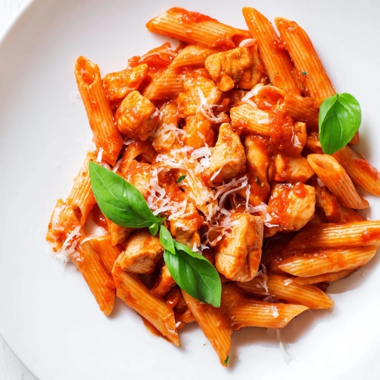 Golden seared chicken pieces tossed through Tomato Basil Chicken Pasta in a garlicky tomato sauce, with steam rising from the skillet.