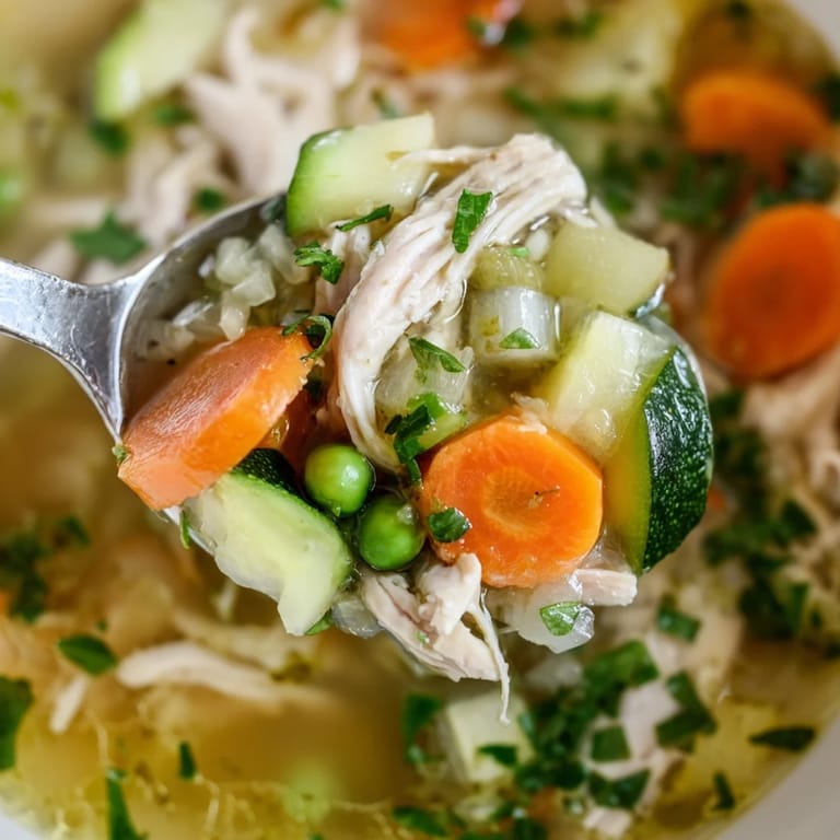 Hearty Spring Garden Chicken Soup simmering in a pot, revealing colorful zucchini, celery, and carrots in a clear golden broth.