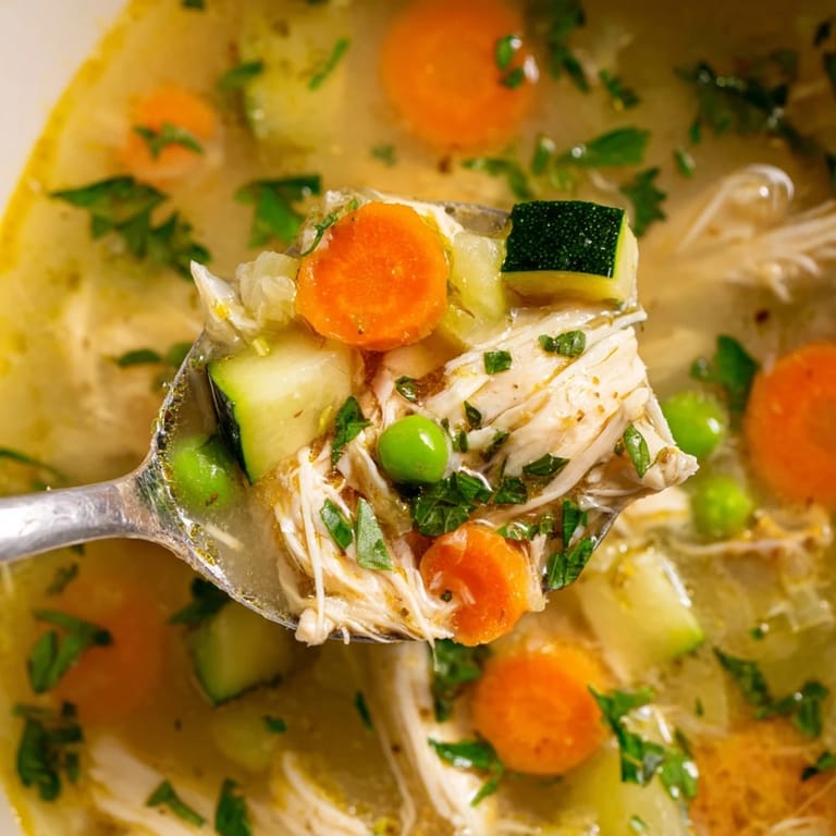 Comforting Spring Garden Chicken Soup served with crusty bread on the side, perfect for a light yet satisfying family meal.