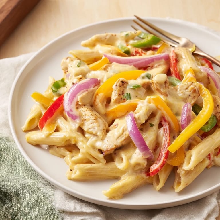Fajita Chicken Pasta Skillet served hot with bell peppers, onions, and shredded cheese melting on top.