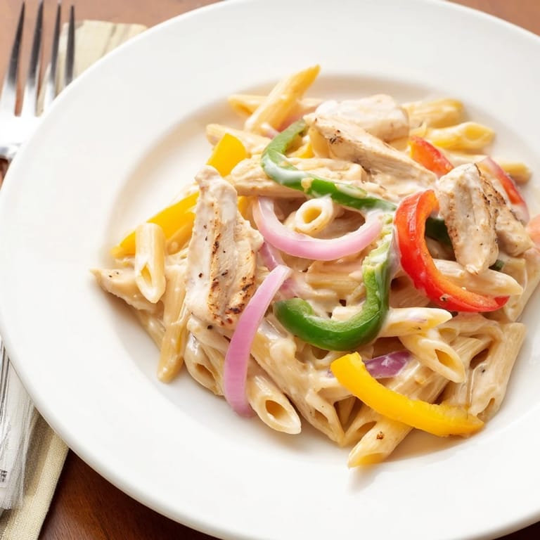 Tender fajita-spiced chicken and pasta in a skillet, topped with fresh cilantro and lime wedges.