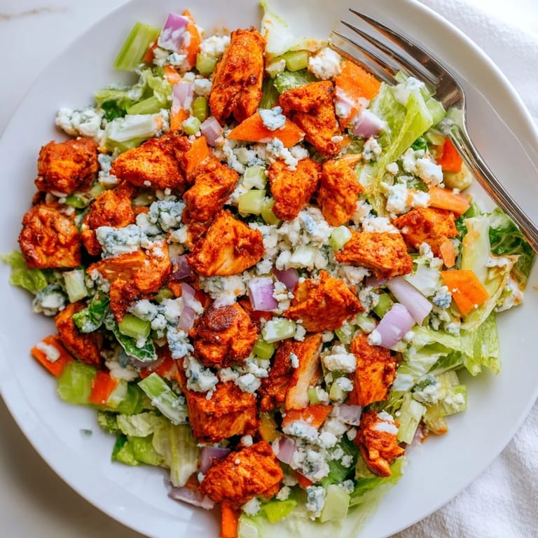 A bowl of Buffalo Chicken Chopped Salad features shredded carrots, red onion, and drizzled ranch dressing.