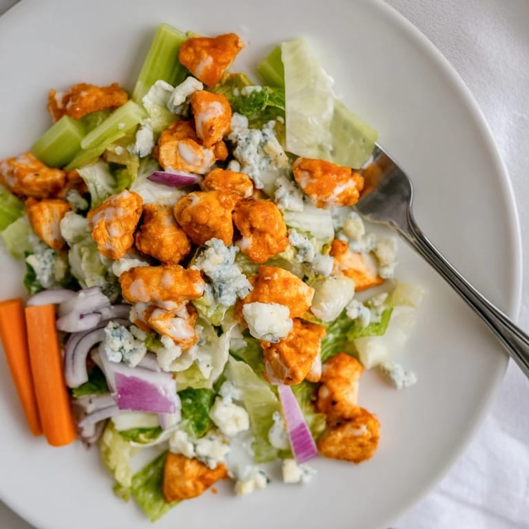 Fresh romaine, diced celery, and buffalo chicken create a zesty, gluten-free main dish salad for lunch.  