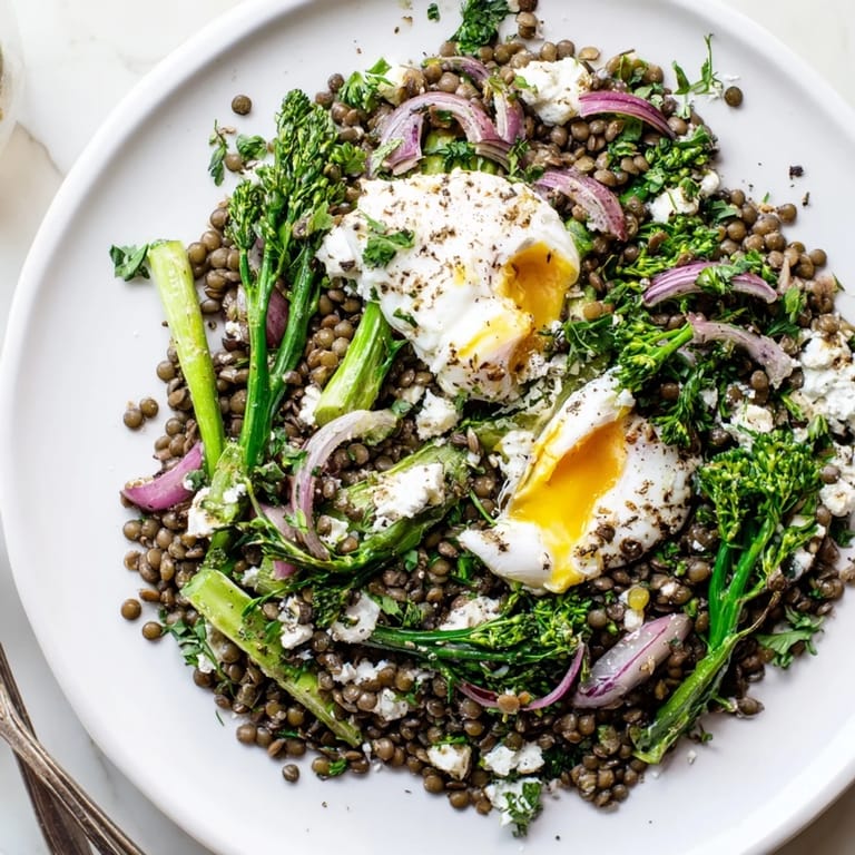 Tender French lentils, crisp-tender broccolini, and jammy soft-cooked eggs combine in this hearty French Lentil Salad With Broccolini and Soft-Cooked Eggs.