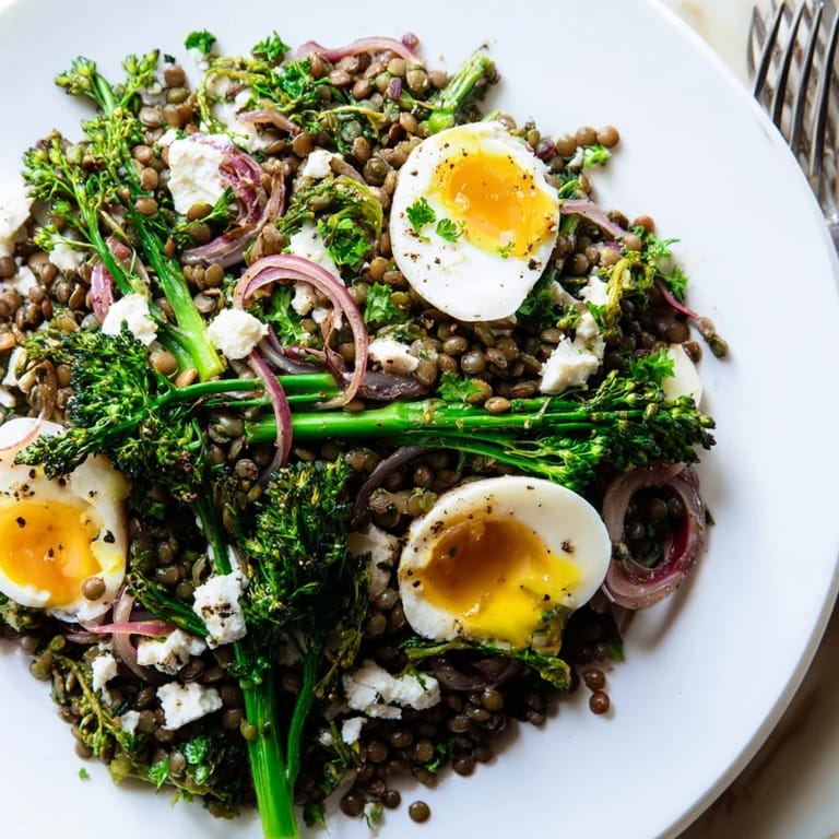 Warm French Lentil Salad With Broccolini and Soft-Cooked Eggs topped with crumbled goat cheese and fresh parsley, ready to serve.