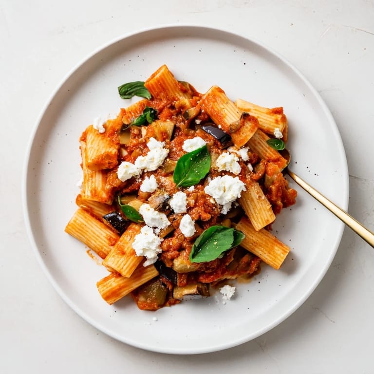 Classic Sicilian Pasta Alla Norma served with a glass of white wine and crusty bread for dipping.