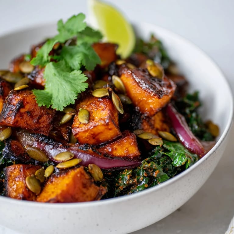 Sweet and Spicy Red Kuri Squash Bowl served warm over quinoa with lime wedges for a fresh finish.