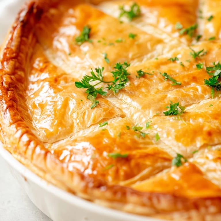 A freshly baked Chicken and Leek Pie, sliced open to show a rich, creamy filling with leeks and herbs.