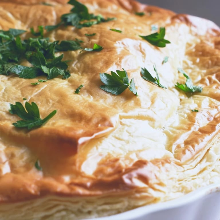 Chicken and Leek Pie with flaky crust, served with a garnish of parsley alongside a green salad.