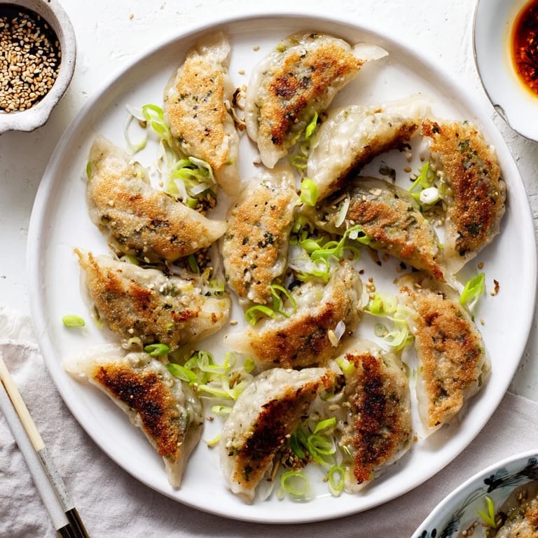 A close-up of smashed gyozas with golden, pan-fried edges, showing juicy pork filling and sesame seeds on the dipping sauce.