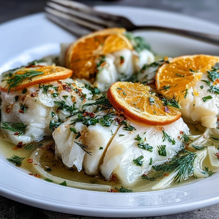 Flaky poached cod, delicate with fennel, orange slices, and aromatic Mediterranean herbs.