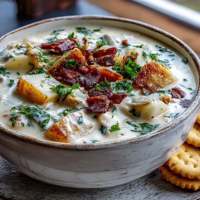 Homemade New England Clam Chowder with diced potatoes and tender clams served alongside oyster crackers.