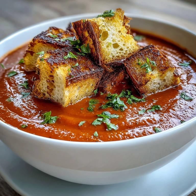 A close-up of Roasted Red Pepper Soup with Crispy Croutons highlighting golden, crunchy bread and velvety red texture.