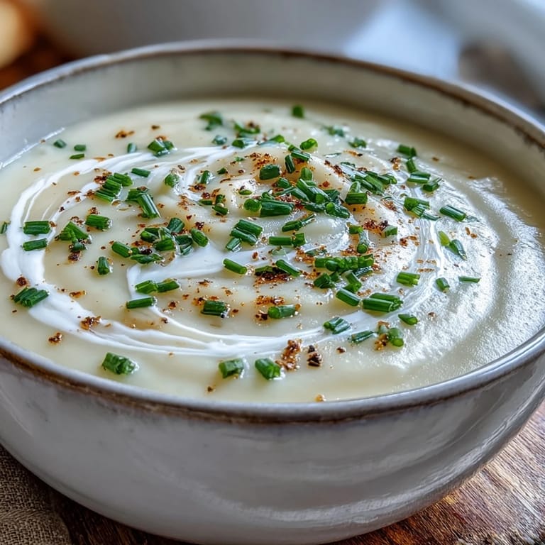 A bowl of blended Potato Leek Soup topped with fresh chives and a drizzle of olive oil.