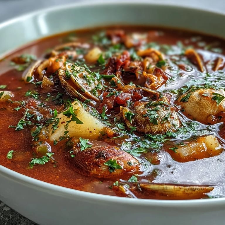 Hearty Manhattan Clam Chowder with tender vegetables and fresh parsley garnish, served hot alongside crusty sourdough bread.