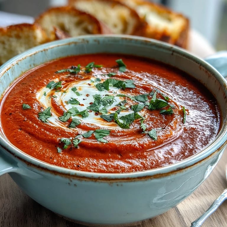 A vibrant, close-up view of the Roasted Red Pepper Soup, topped with a dollop of yogurt and parsley.