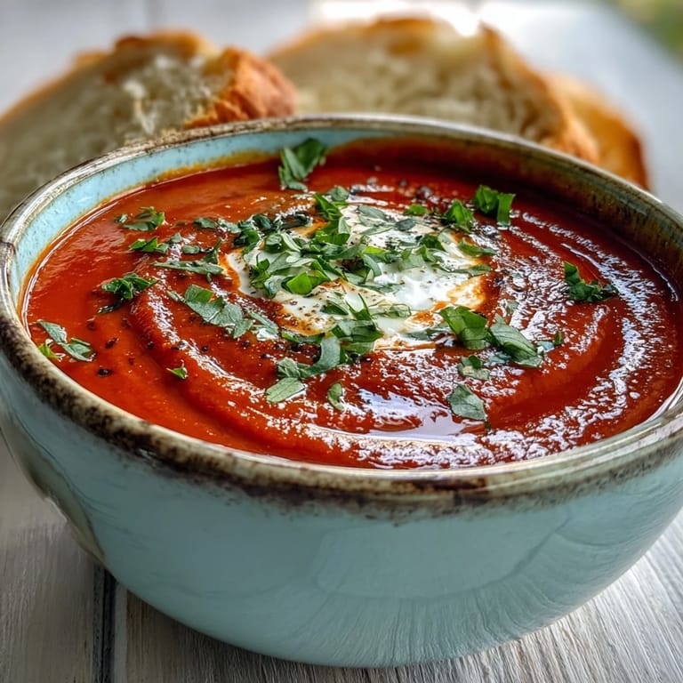 A steaming bowl of Roasted Red Pepper Soup with crusty bread on the side, ready for dipping.