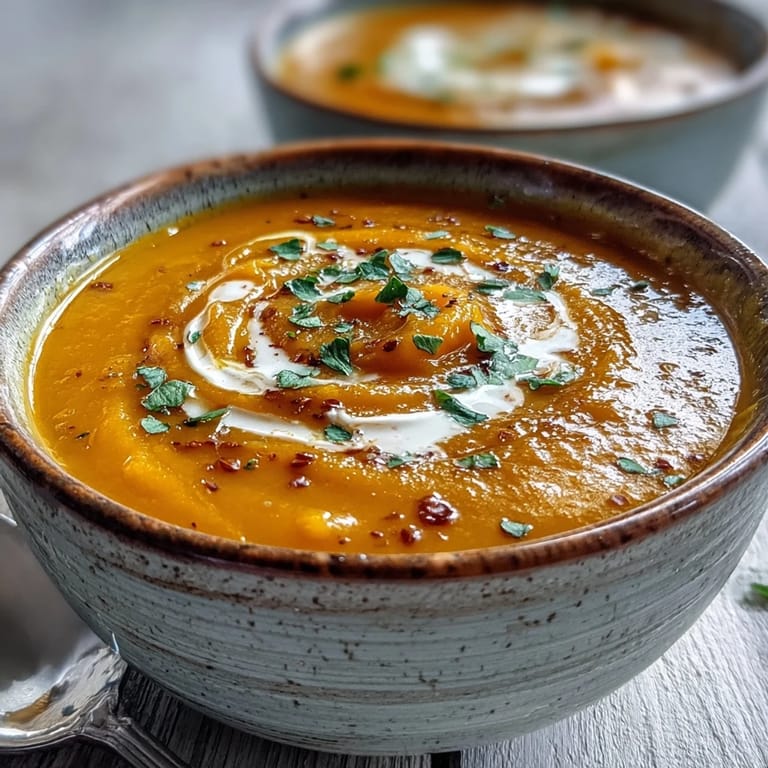 Spoon lifting creamy, golden Carrot and Lentil Soup, featuring tender carrots and red lentils simmered in warm spices.