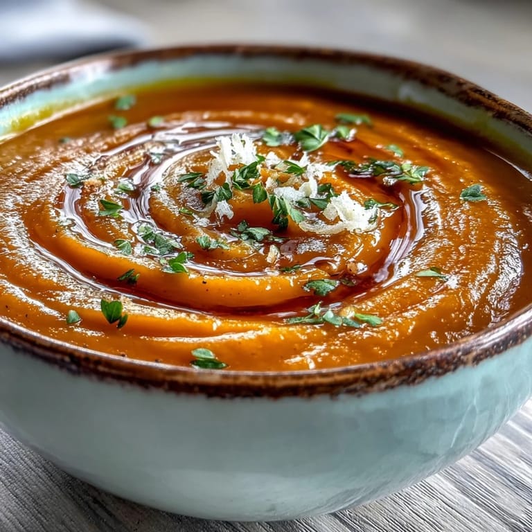Warm Carrot Ginger Soup steaming gently in a mug, garnished with fresh herbs and set beside whole carrots on a marble countertop.