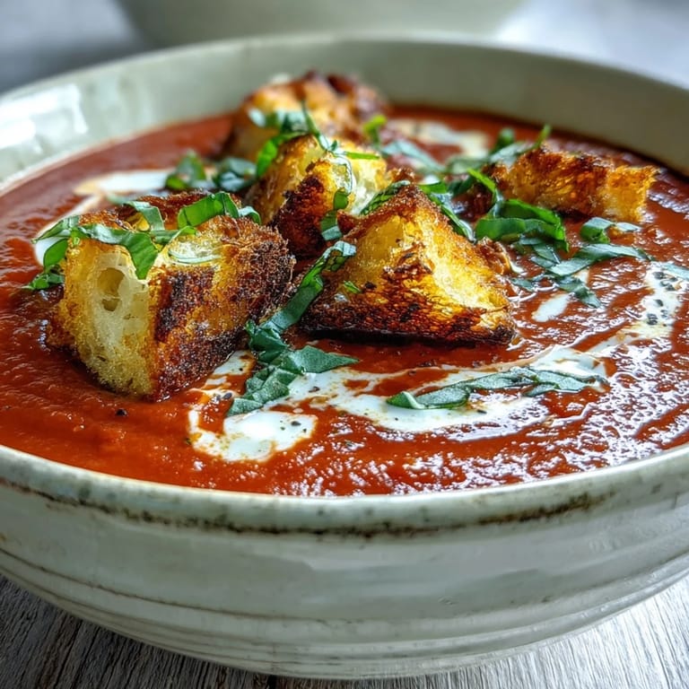 Golden roasted tomatoes and onions blended into velvety Creamy Roasted Tomato Soup with a swirl of cream, perfect for chilly nights.