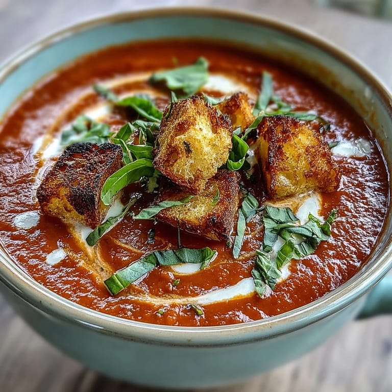 Warm bowl of Creamy Roasted Tomato Soup topped with garlic croutons and basil, ready to serve with a grilled cheese.