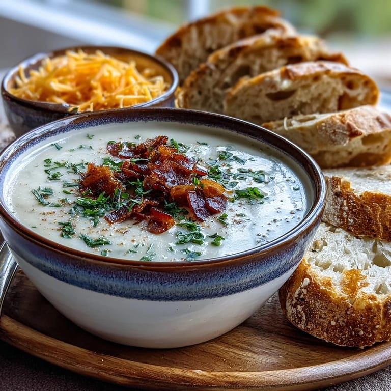 A warm bowl of Cream of Potato Soup topped with crumbled bacon, served alongside a slice of crusty bread.