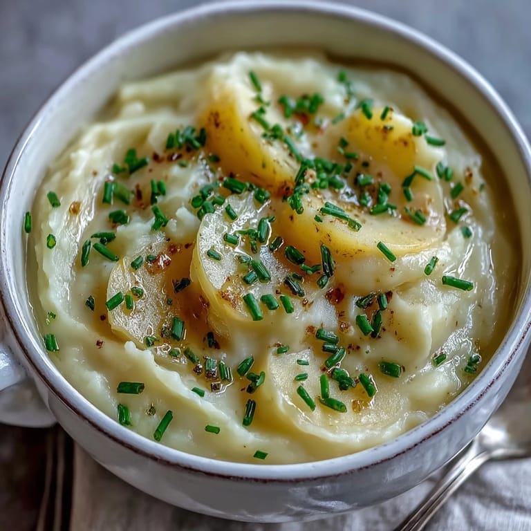 Potato Leek Soup topped with crispy bacon and a drizzle of rich cream.