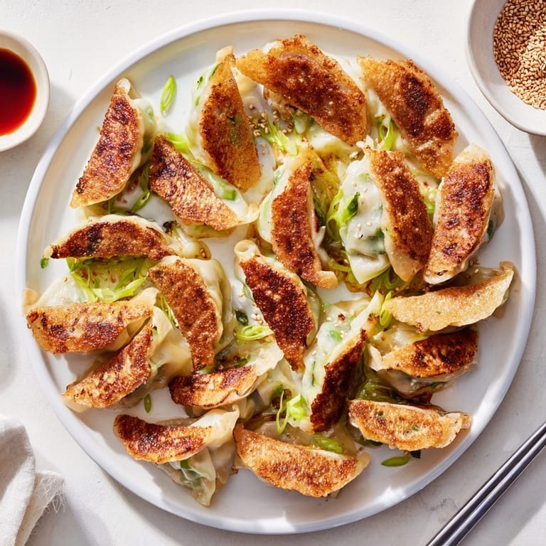 Crispy smashed gyozas arranged on a white plate with green onions and a small bowl of soy-vinegar dipping sauce.