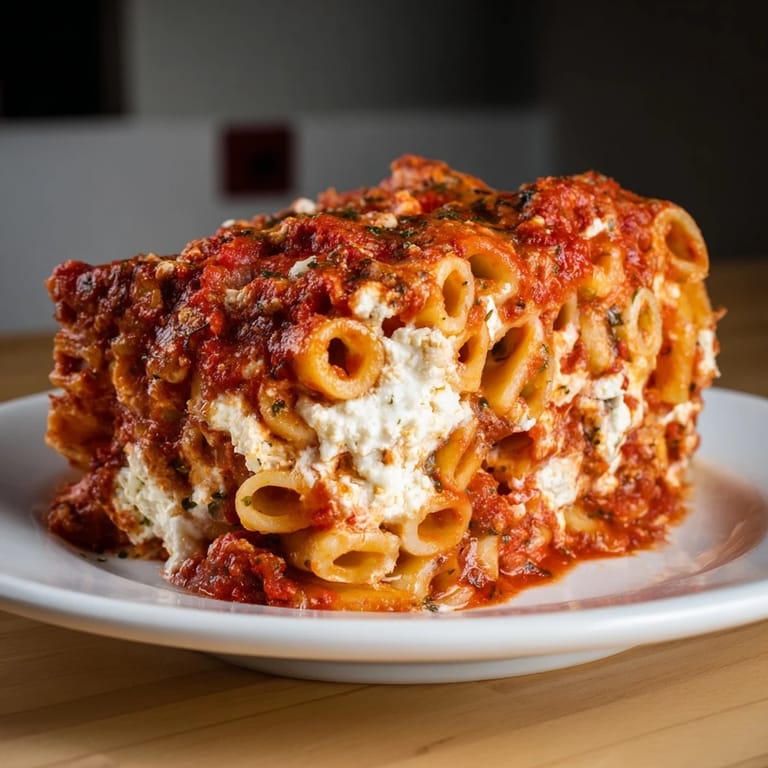 A generous serving of vegetarian Freezer Make-Ahead Baked Ziti on a white plate, showcasing the comforting pasta texture, herby tomato sauce, and golden baked cheese crust.