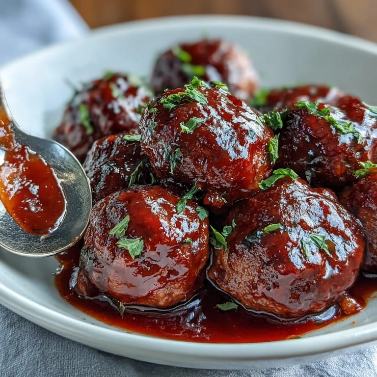 Slow cooker Grape Jelly and Chili Sauce Meatballs simmering in a tangy, sticky glaze, ready to serve with toothpicks on a platter.