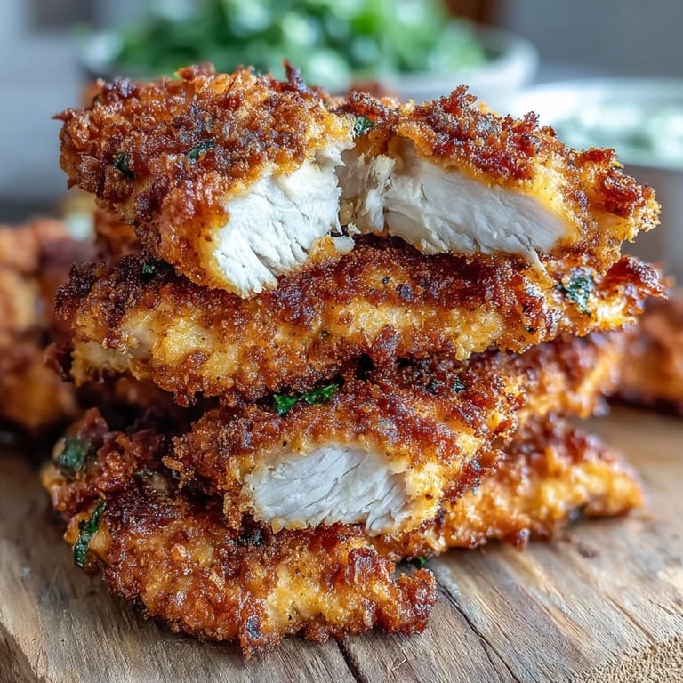 A close-up view of Air Fryer Chicken Strips revealing a golden, crunchy breading and tender chicken inside.