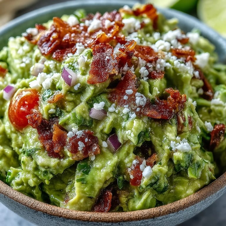 A spoon scooping into a creamy Bacon Guacamole With Cotija Cheese, mixing in diced tomatoes and red onions for a bold dip.