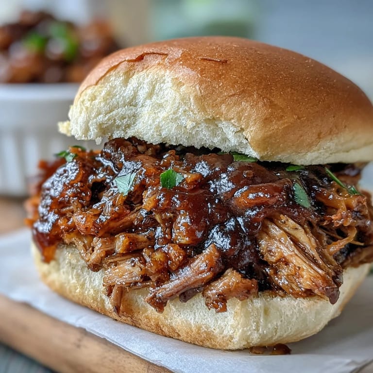 Slow-cooker Applesauce Pulled Pork Sandwiches with tender shredded meat and saucy onions, perfect for a cozy family dinner.