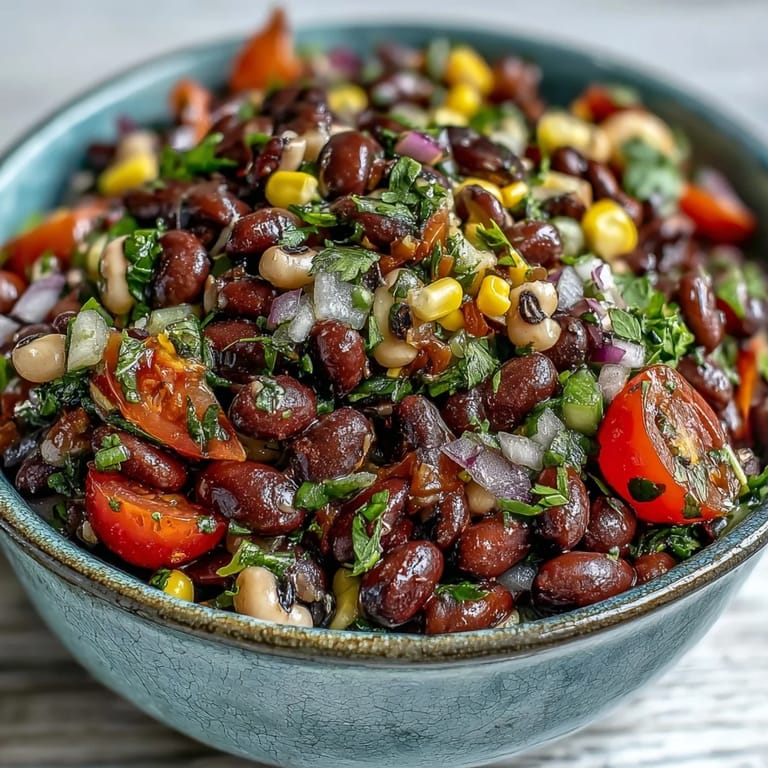 A fresh serving of Cowboy Caviar, a Tex-Mex bean salad with cherry tomatoes and onion, ready to be scooped with tortilla chips.