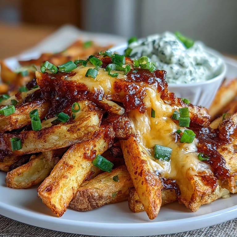 A close-up of Cheesy BBQ Fries with Ranch Dip, featuring gooey cheese, smoky seasoning, and a rich white dip.