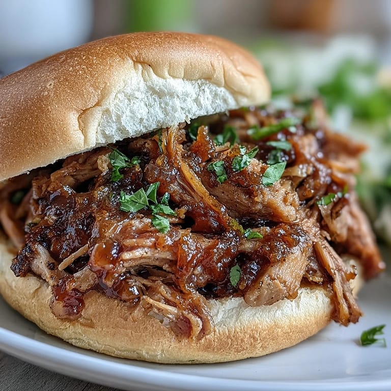Freshly made Applesauce Pulled Pork Sandwiches on toasted buns, garnished with extra sauce and pickles for a tangy crunch.