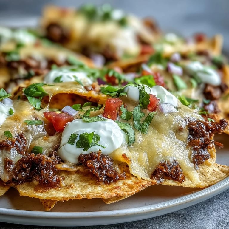 Close-up of bubbling BBQ Beef Nachos, showcasing gooey melted cheddar and Monterey Jack cheese clinging to crispy chips and savory barbecue beef, fresh from a hot oven and begging to be eaten.