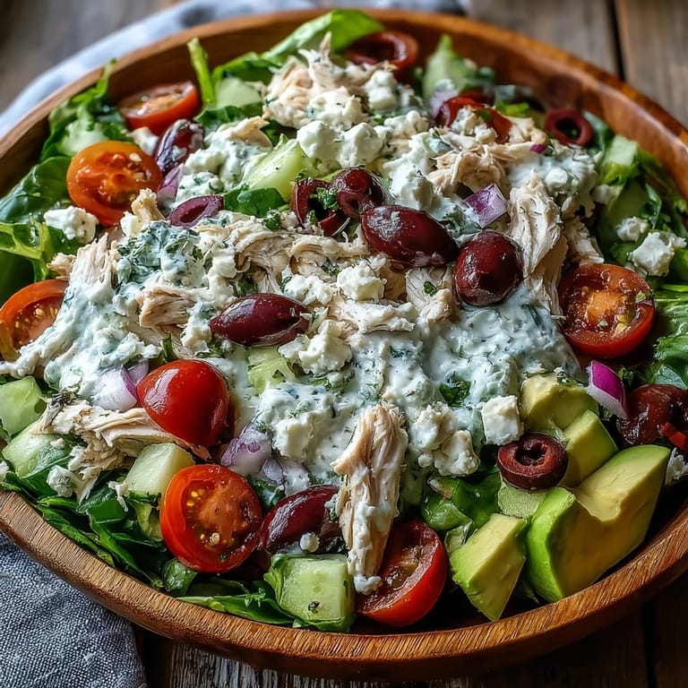 Tzatziki Chicken Salad mixed with shredded rotisserie chicken, diced red onion, and feta cheese served on greens.