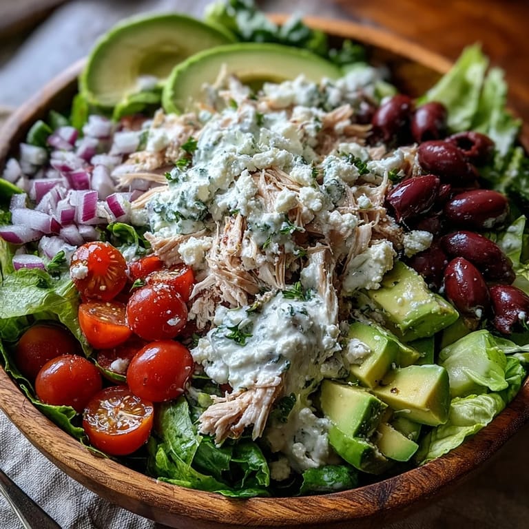 Bright Mediterranean Tzatziki Chicken Salad in a white bowl with avocado slices and lemon wedges for a fresh lunch.