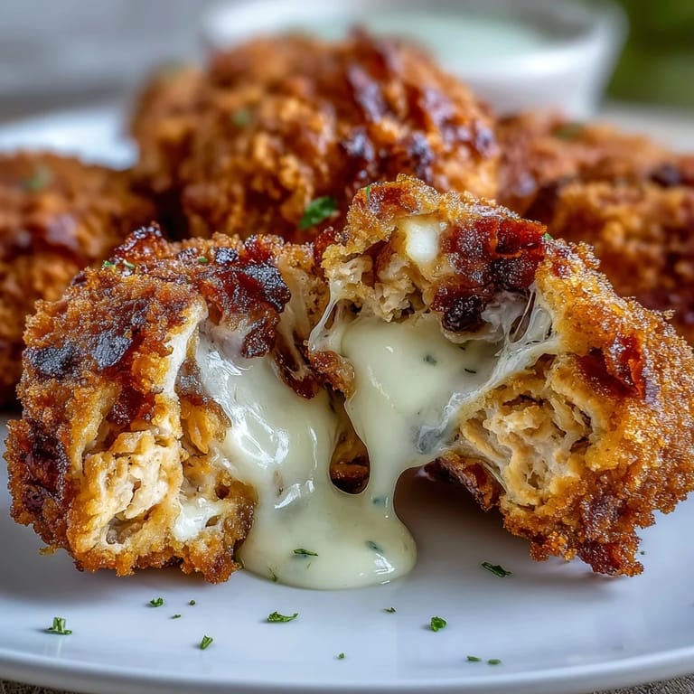 Freshly fried Buffalo Chicken Bacon Mozzarella Bombs release steam and reveal melted mozzarella pulling away from the crispy crust.